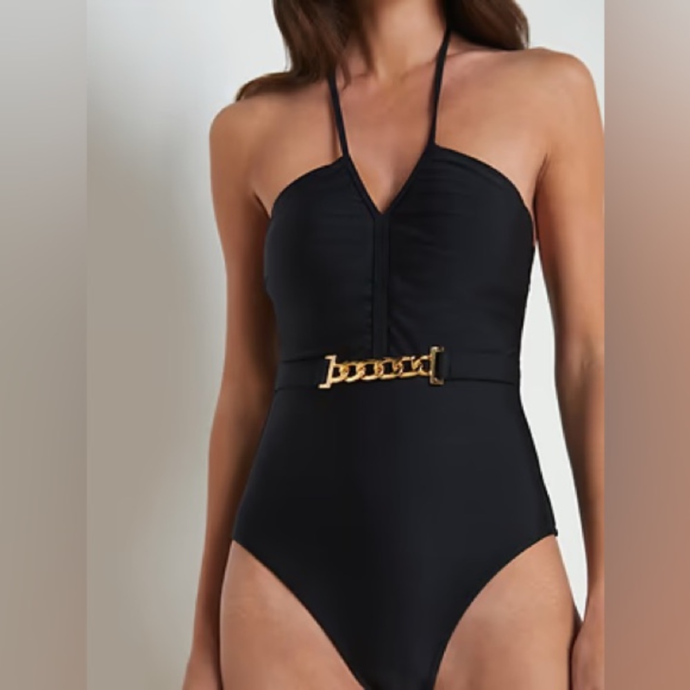 L'AGENCE Black Halter One Piece Swimsuit with Gold Chain Belt Size‎ S